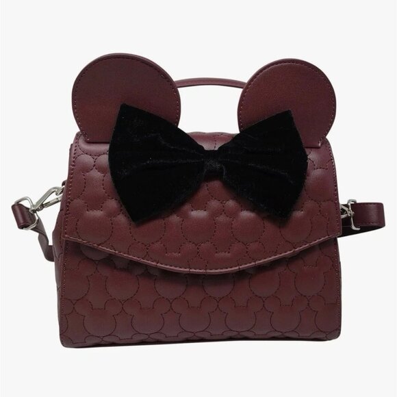 Loungefly Handbags - NWT LOUNGEFLY Minnie Mouse Crossbody Burgundy Black Velvet Bow Quilted Satchel